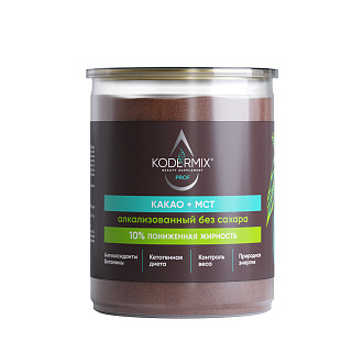 Какао натуральный алкализованный с маслом МСТ кокосового, без сахара 150 г., KODERMIX